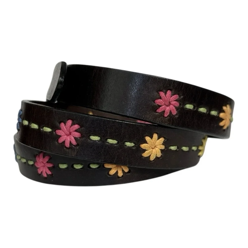 DOCKERS Dark Brown Leather Belt Embroidered Daisy Boho Y2K Women's L 42